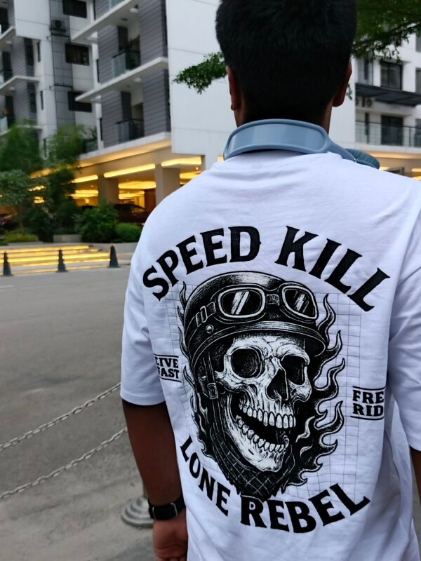 Premium White Drop Shoulder Tee – Speed Kill Lone Rebel Edition - Image 2